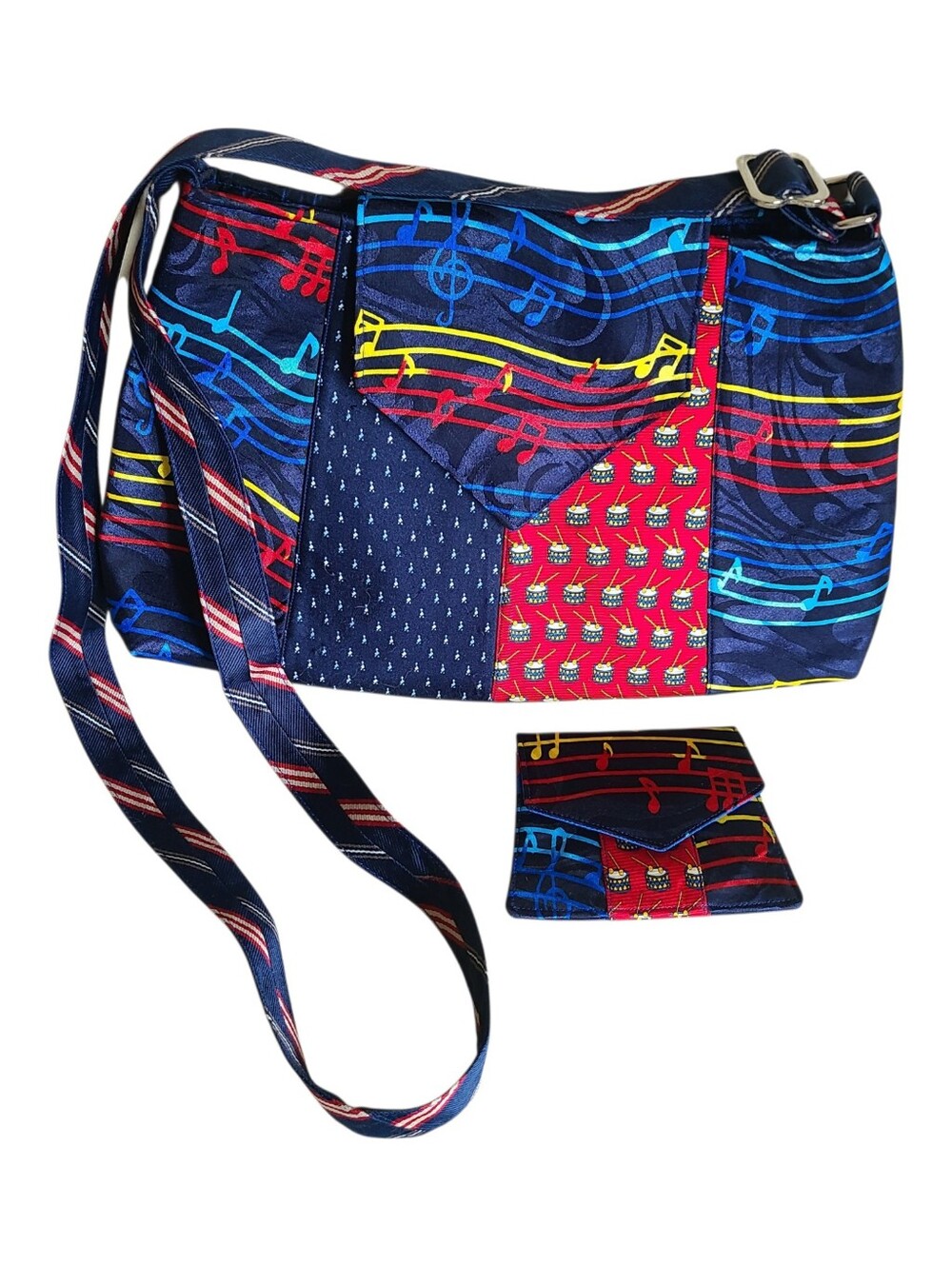 handmade upcycled silk neck music-themed necktie handbag and matching coin purse